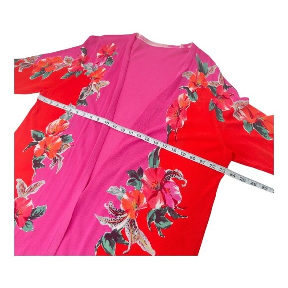 CHICOS Womens 2 Red & Pink Floral Long Sleeve Open Cardigan Kimono Long Duster - Picture 4 of 14